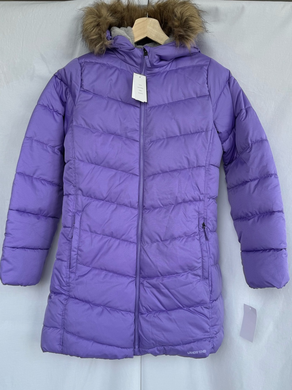 NWT Lands’ End Girls XL 14-16 Purple Puffer Coat Faux Fur Hood